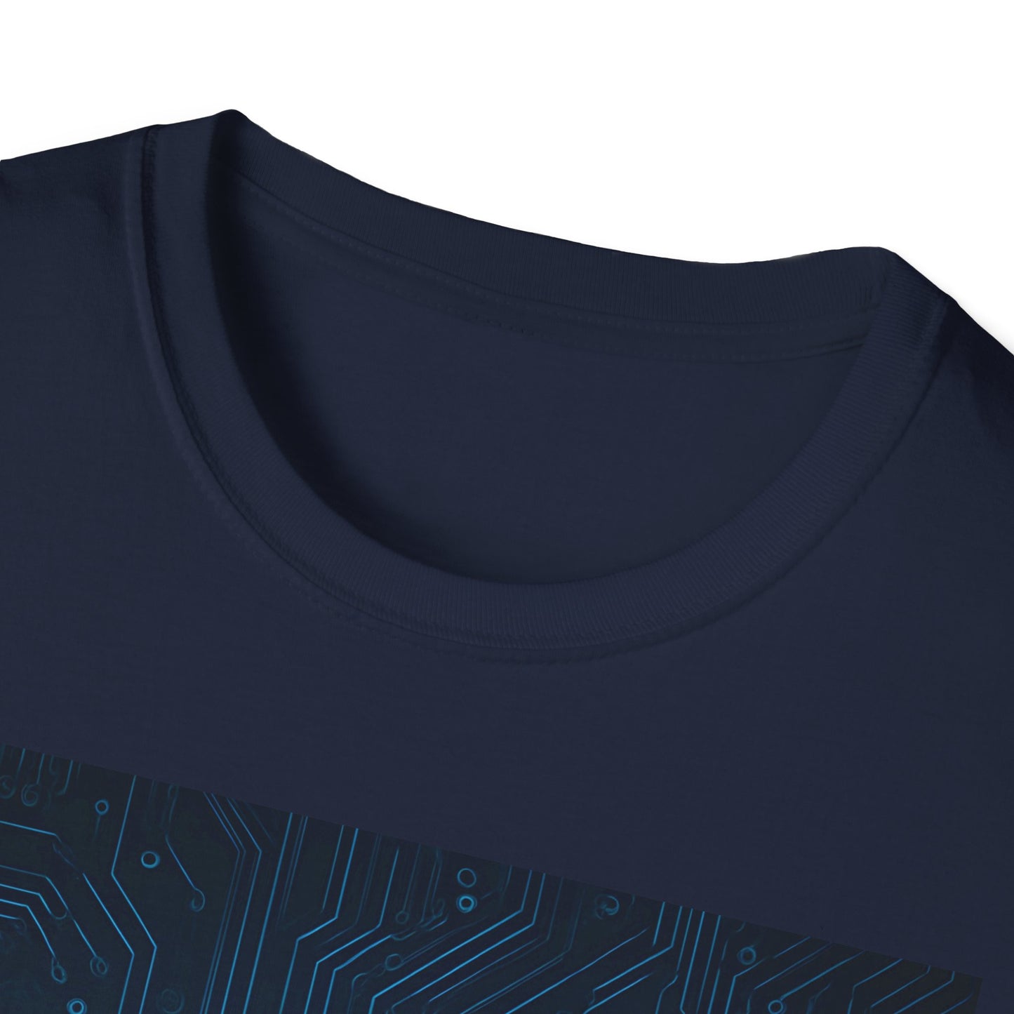 Navy blue crewneck T-shirt with a digital circuit pattern along the lower front panel.
