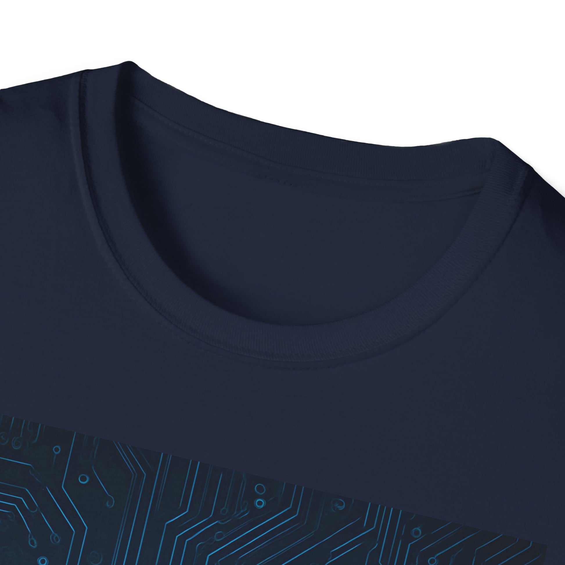 Navy blue crewneck T-shirt with a digital circuit pattern along the lower front panel.