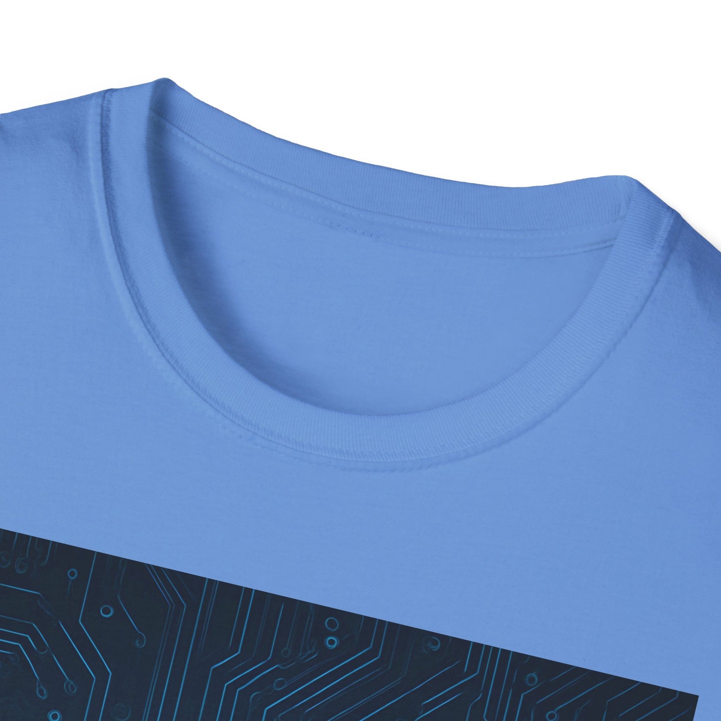 Light blue crewneck T-shirt with a dark circuit-board pattern along the bottom edge.