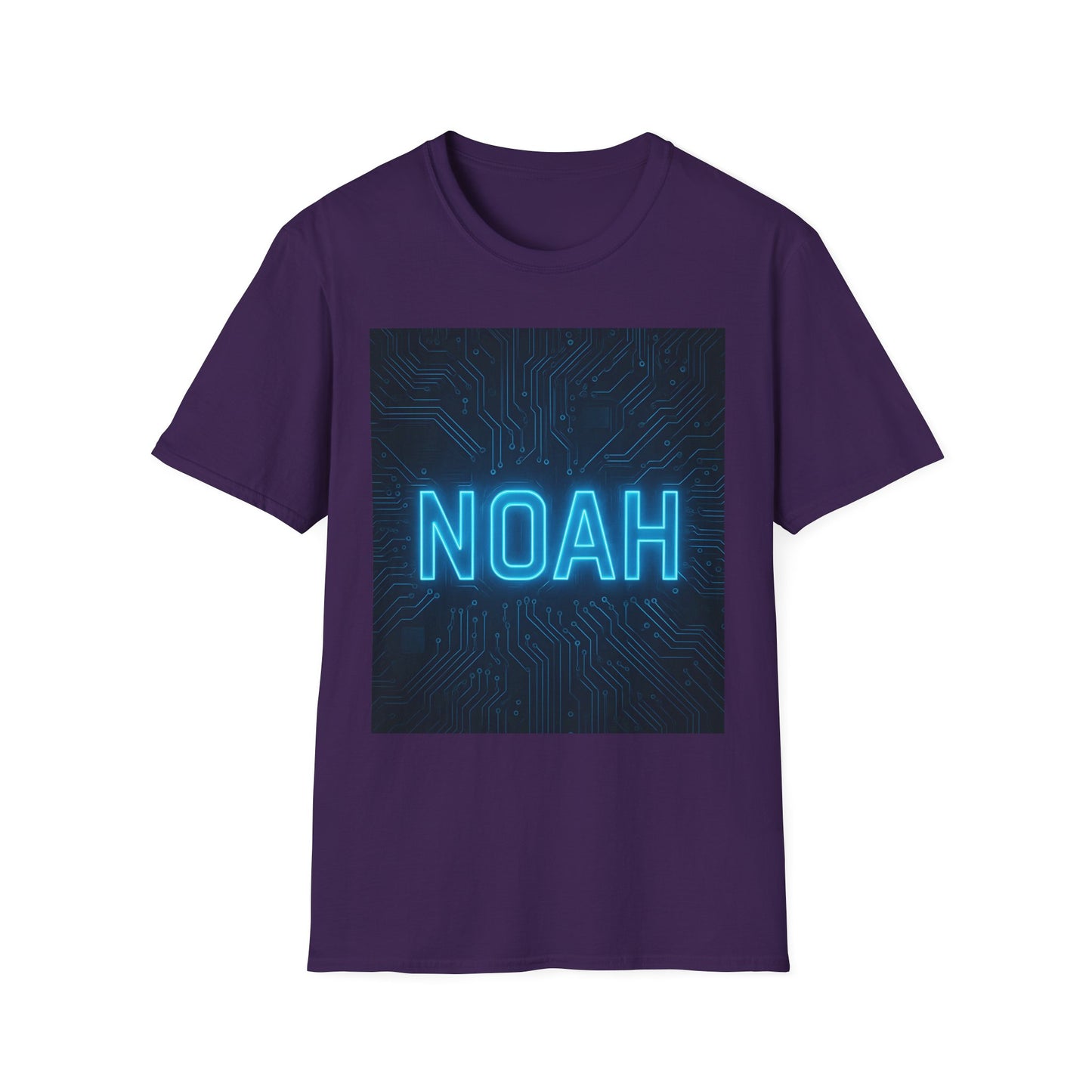 Purple short-sleeve T-shirt with a square blue circuitry background and neon blue "NOAH" text.