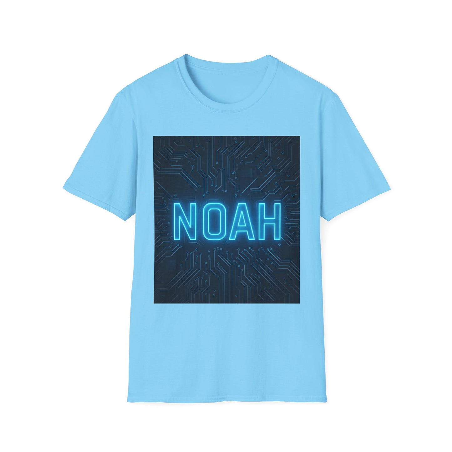 Light blue short-sleeve T-shirt with a dark circuit-board panel and a glowing blue "NOAH" typography.
