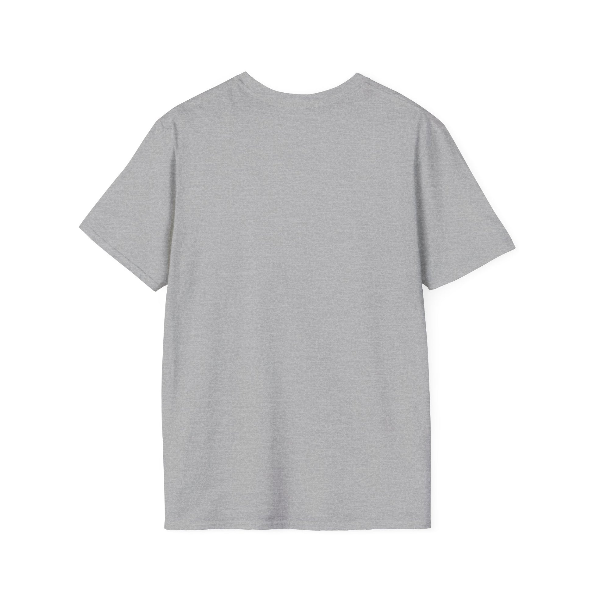 Gray short-sleeve T-shirt viewed from the back, plain knit fabric with a heathered texture.