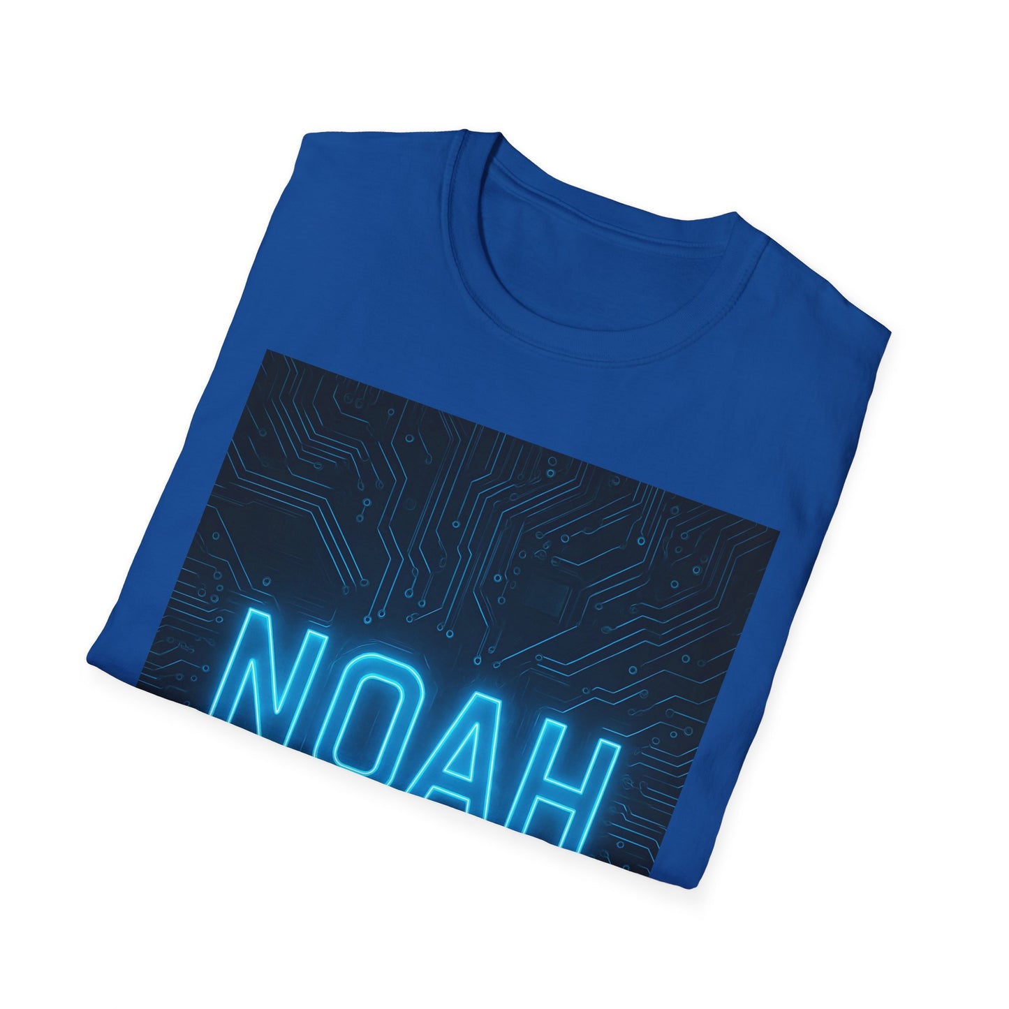Blue T-shirt featuring a dark circuit-board graphic with glowing neon blue "NOAH" text across the bottom.