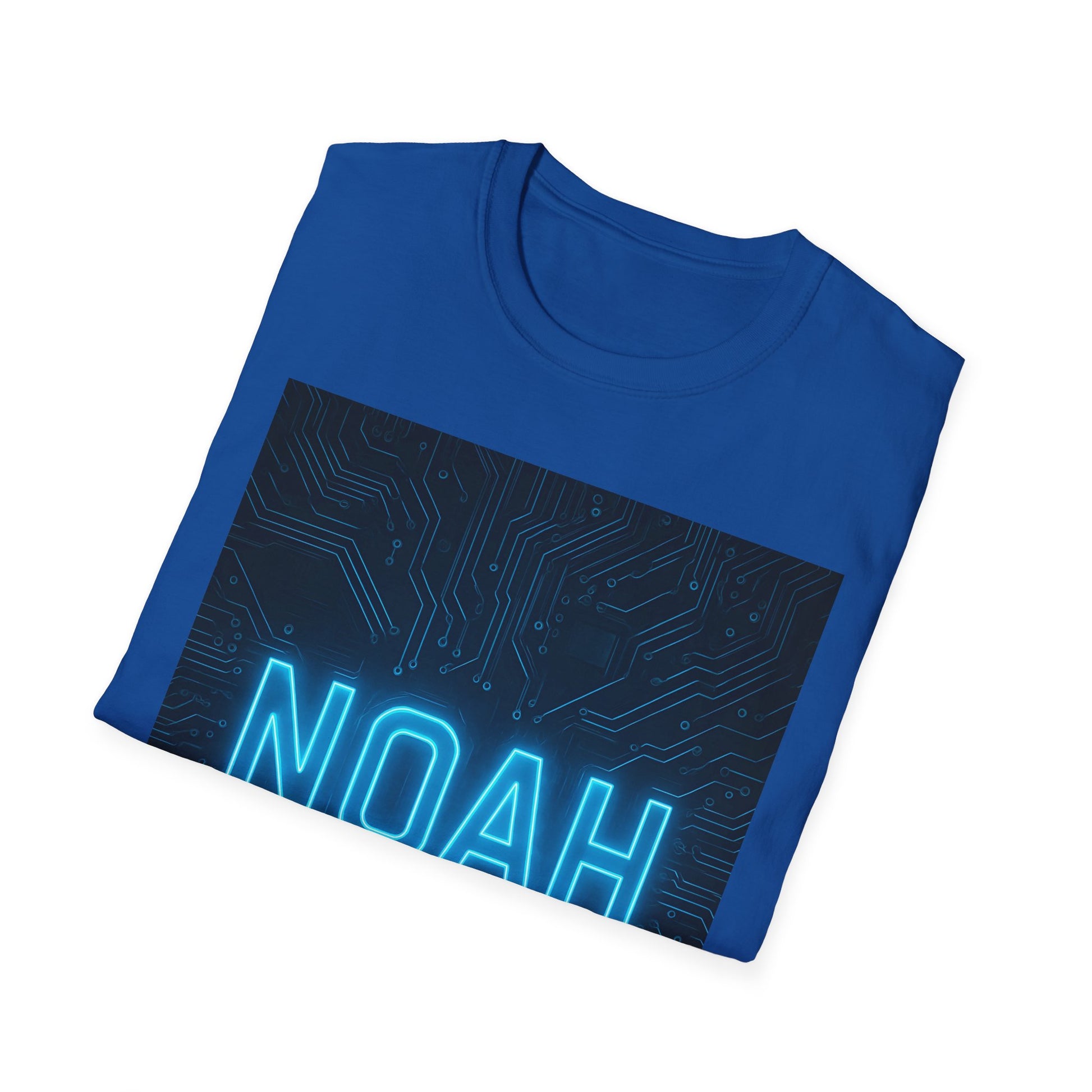 Blue T-shirt featuring a dark circuit-board graphic with glowing neon blue "NOAH" text across the bottom.