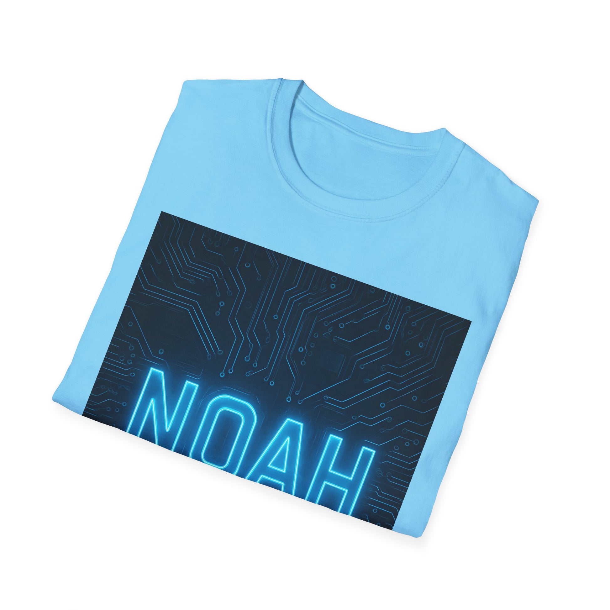 Light blue t-shirt featuring a dark blue circuit-pattern rectangle with bright neon 'NOAH' at the bottom.