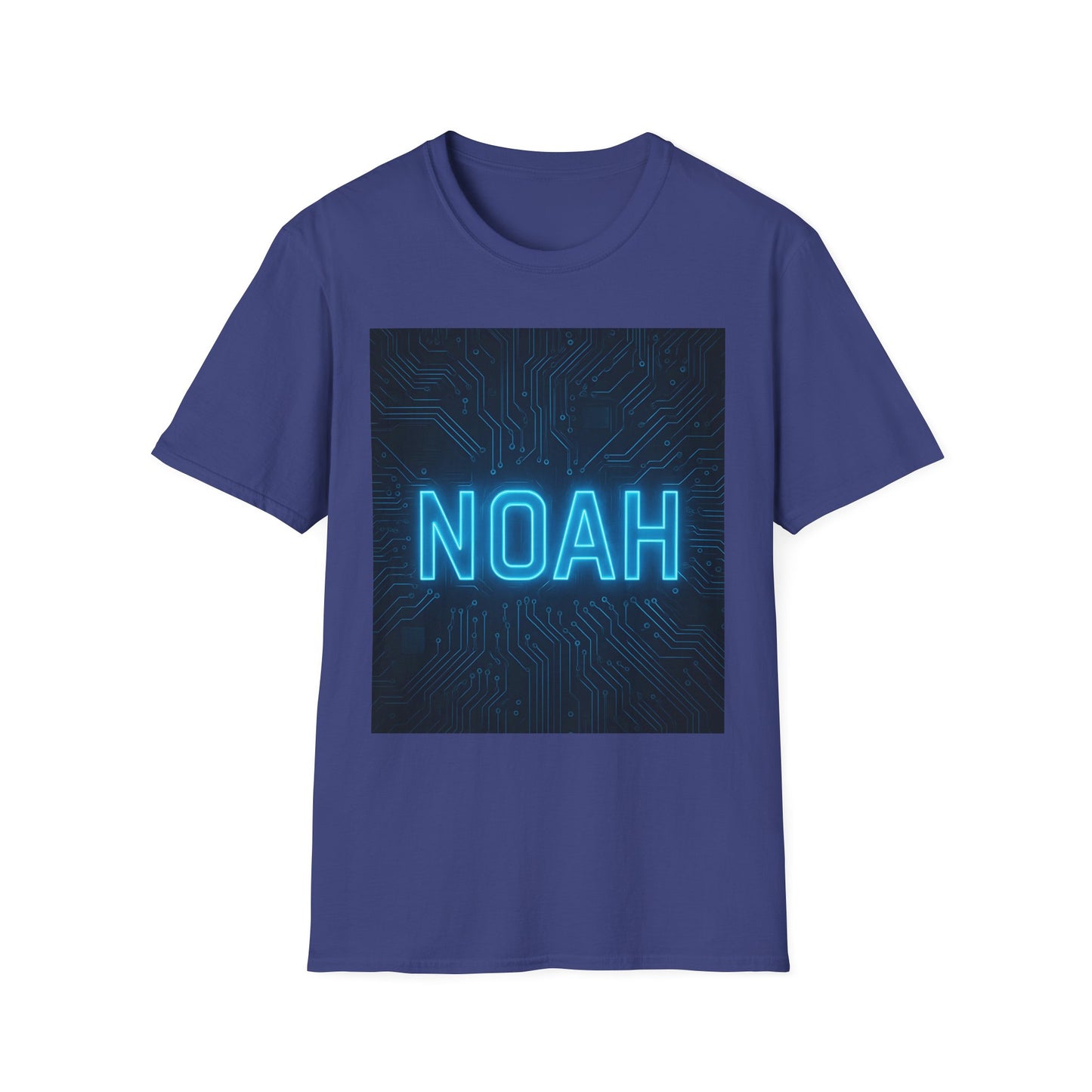 Blue t-shirt with a square graphic showing blue neon NOAH text over a dark circuit-board background.