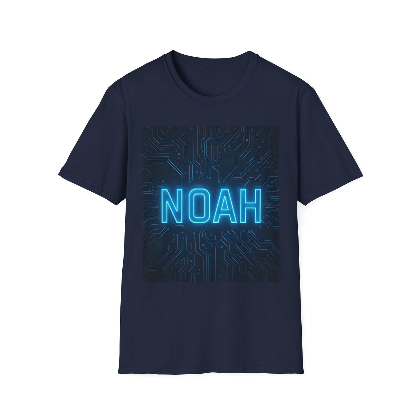 Navy t-shirt with a square graphic of blue neon NOAH text over a dark circuit board pattern.