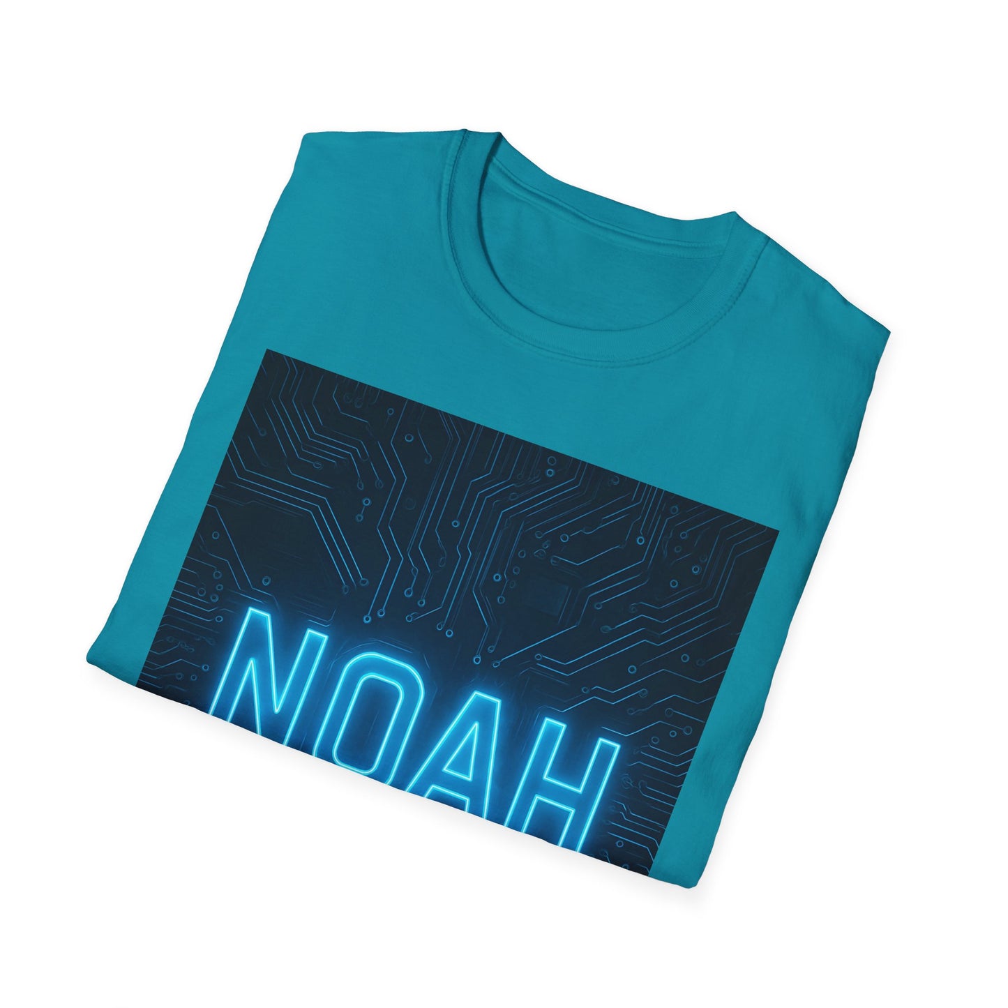 Teal short-sleeve T-shirt folded, featuring a dark blue circuit-pattern rectangle with neon blue “NOAH” at the bottom.