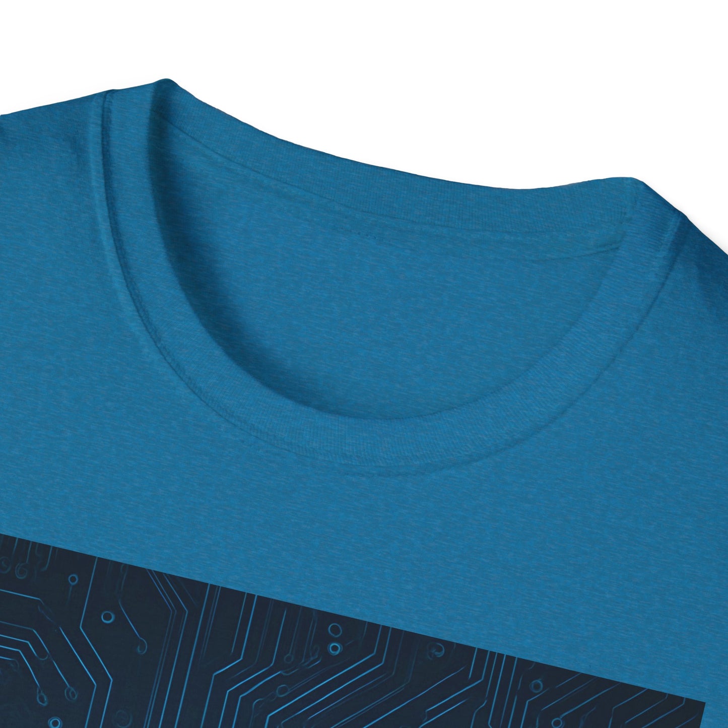Close-up of a blue crew-neck T-shirt with visible collar stitching and a circuit-pattern graphic panel along the bottom edge.