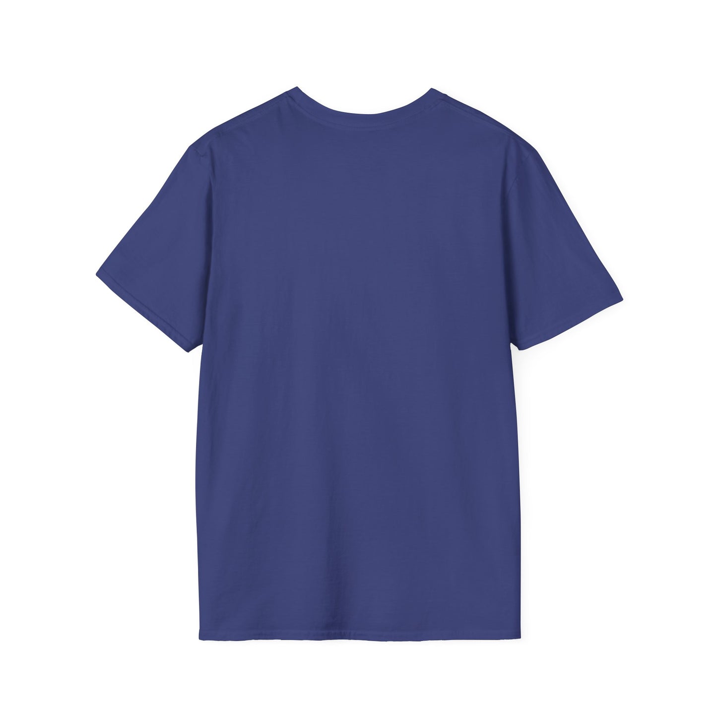Back view of a solid blue short-sleeve t-shirt laid flat.