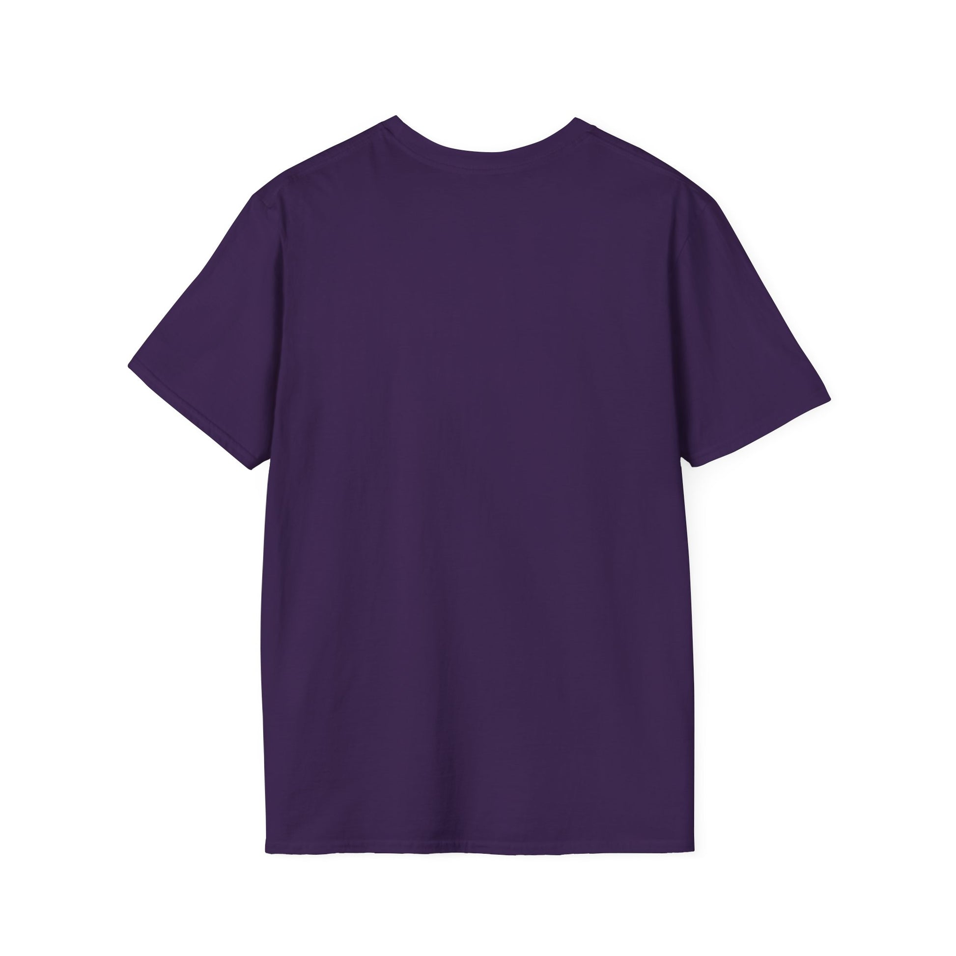 Purple short-sleeve T-shirt viewed from the back, solid-colored fabric.