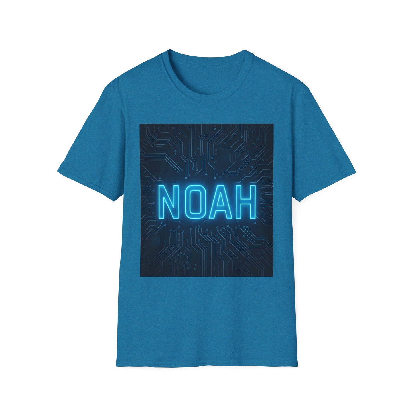 Blue t-shirt featuring a dark circuit-board square graphic with a glowing neon blue NOAH text.