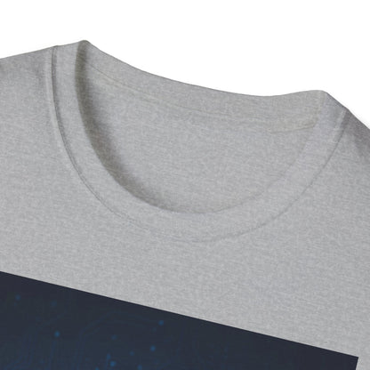 Close-up of a light gray heather crew-neck T-shirt fabric with a rounded neckline.