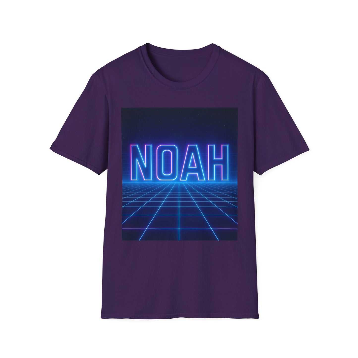 Purple short-sleeve T-shirt featuring a neon blue "NOAH" graphic on a grid background.