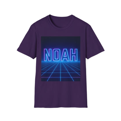 Purple short-sleeve T-shirt featuring a neon blue "NOAH" graphic on a grid background.