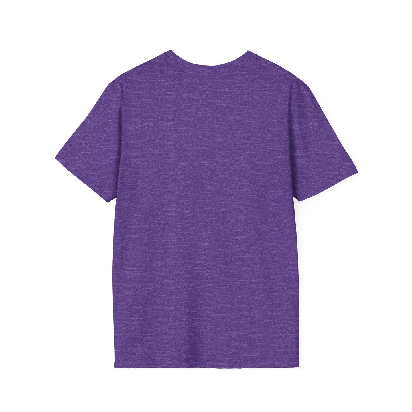 Back view of a short-sleeve heathered purple T-shirt displayed flat.