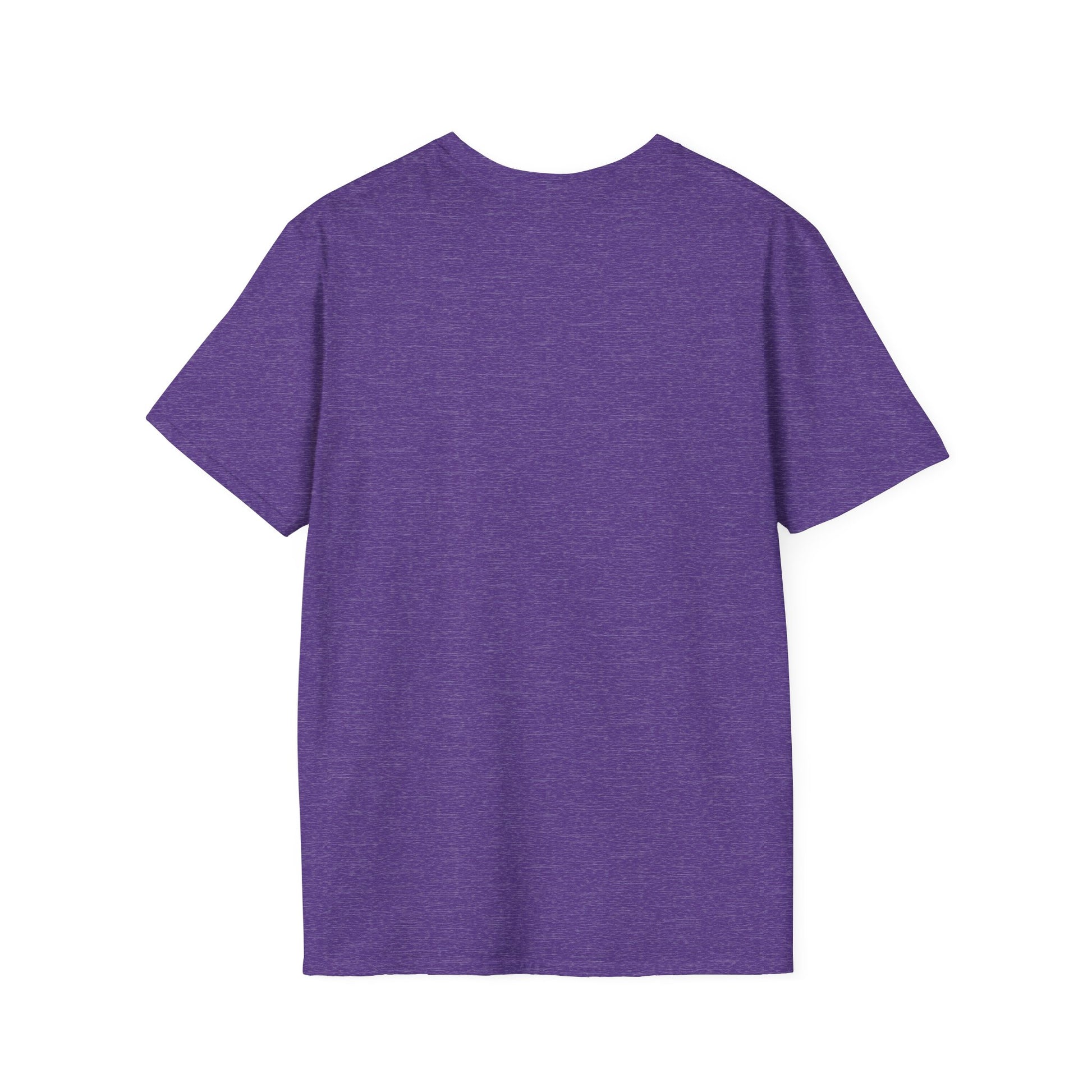 Back view of a short-sleeve heathered purple T-shirt displayed flat.
