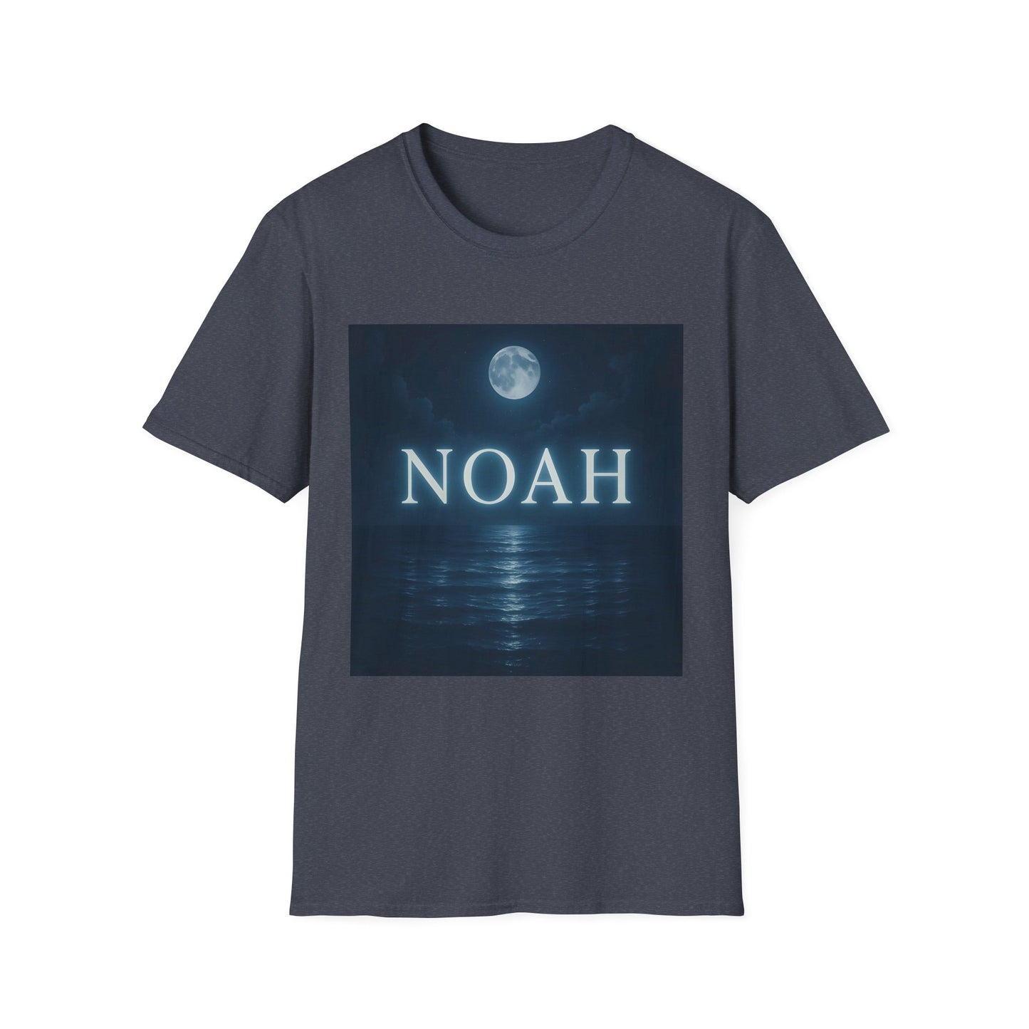 Dark blue heather T-shirt featuring a square graphic of a moonlit ocean and the word NOAH in large white letters.