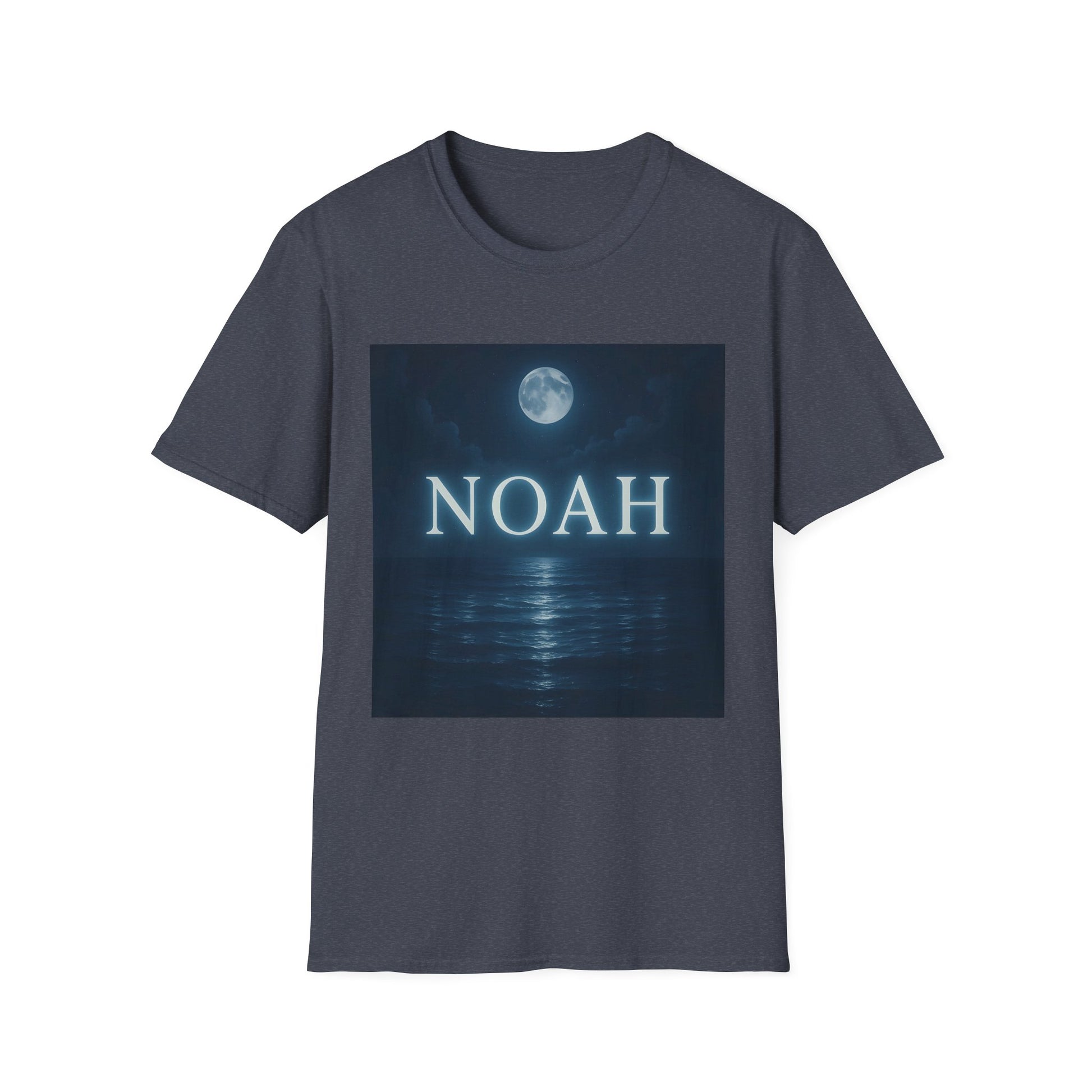 Dark blue heather T-shirt featuring a square graphic of a moonlit ocean and the word NOAH in large white letters.