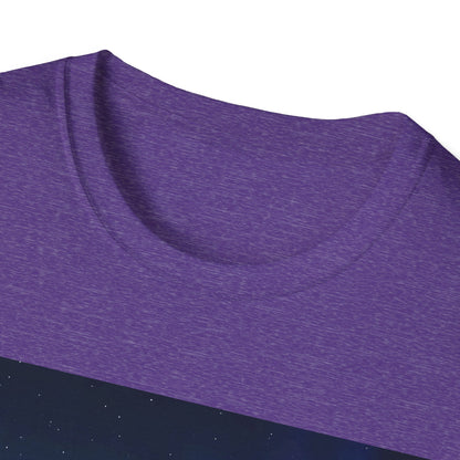 Close-up of a purple heathered T-shirt with a rounded neckline.
