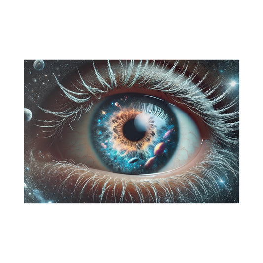 Close-up of a blue eye with a cosmos-themed iris and space imagery reflecting in the pupil, framed by long white eyelashes.