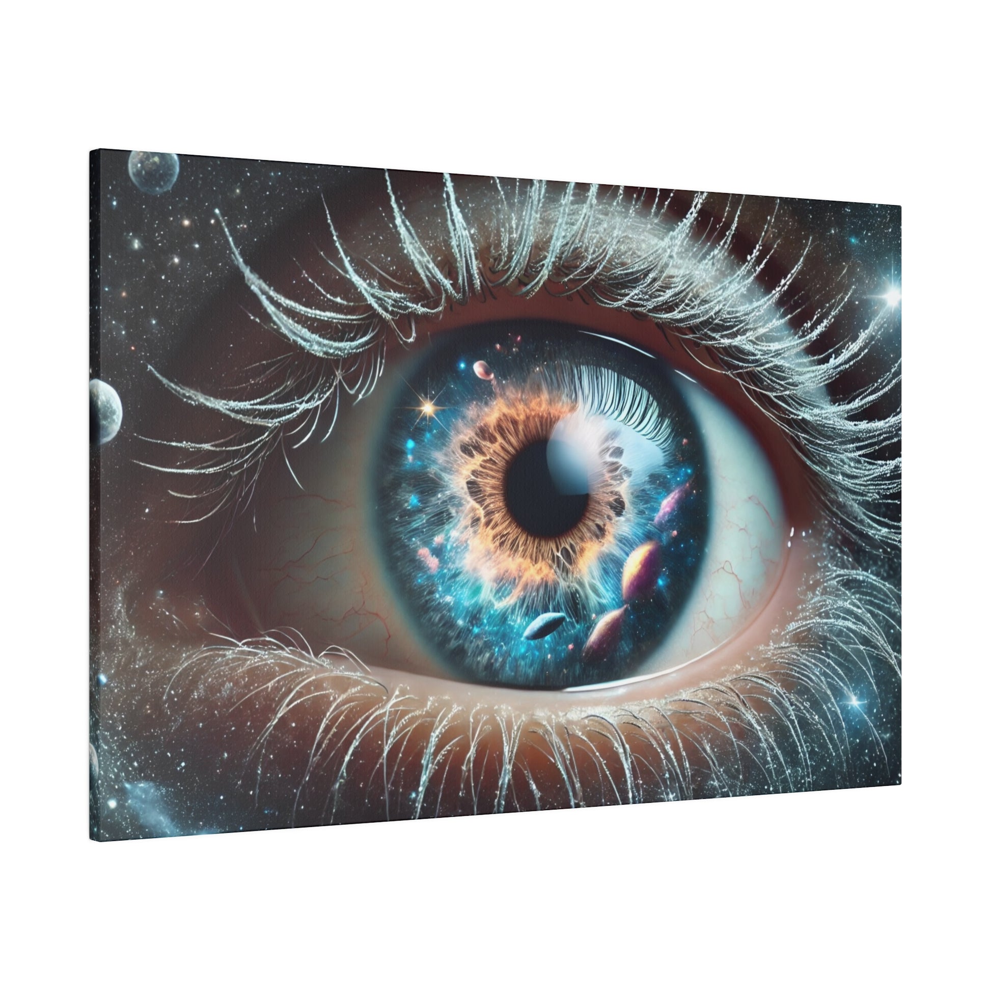 Close-up of a blue eye with a cosmic iris showing stars, nebulae, and tiny planets.