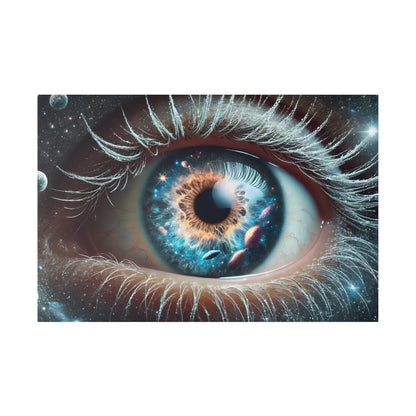 Close-up of a blue eye with a galaxy-themed iris and white eyelashes.