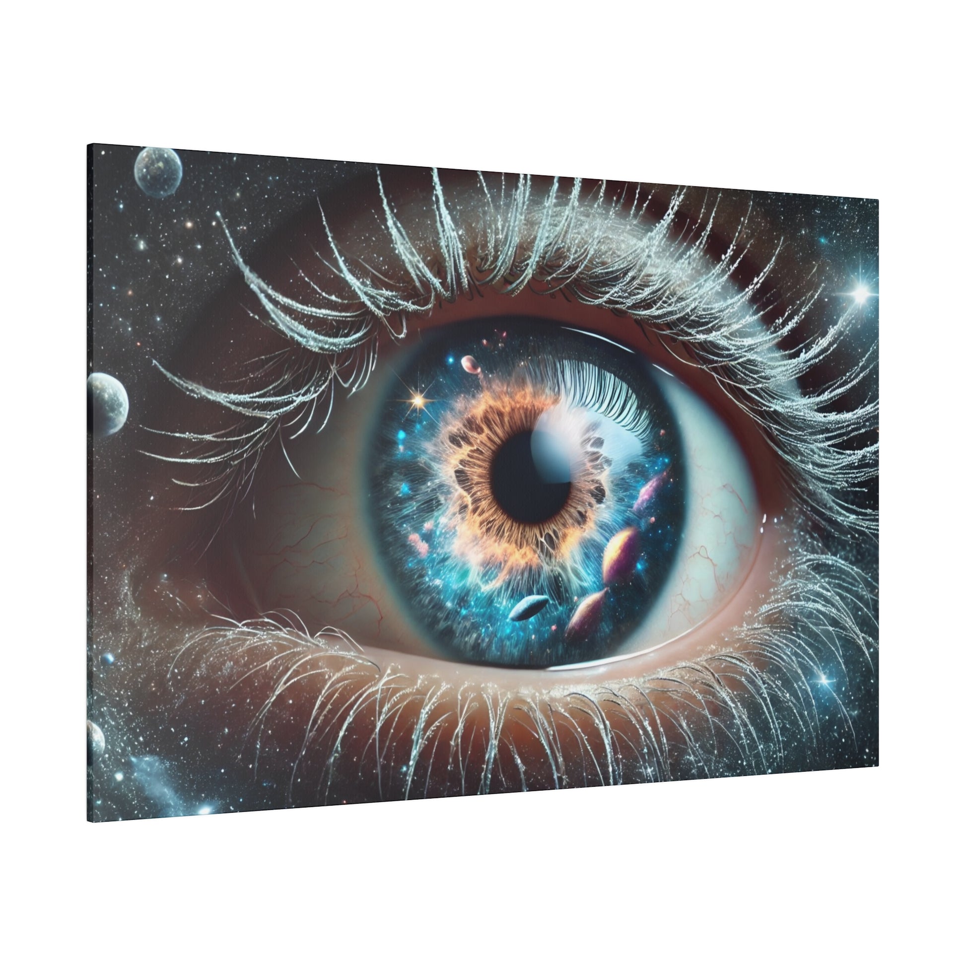 Close-up of a blue-brown iris with a galaxy-like scene in the pupil, surrounded by detailed eyelashes.