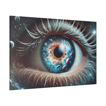 Close-up of a blue-brown iris with a galaxy-like scene in the pupil, surrounded by detailed eyelashes.