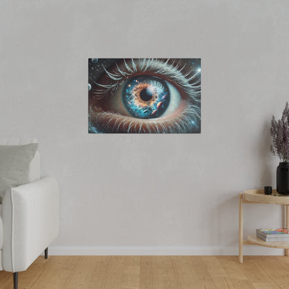 Close-up wall art of a blue iris with detailed eyelashes, mounted on a light-gray wall above a wooden side table in a minimalist living