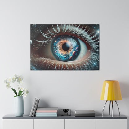 Close-up of a blue eye with space-themed colors and stars around the iris, mounted on a white wall.