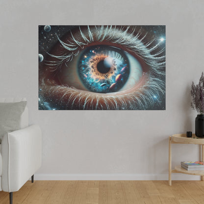 Rectangular wall art showing a close-up blue eye with a cosmic space background and white eyelashes.