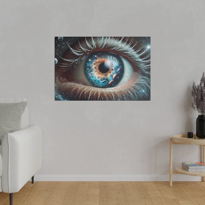 Close-up of a space-themed eye painting with a bright blue iris displayed on a gray wall.