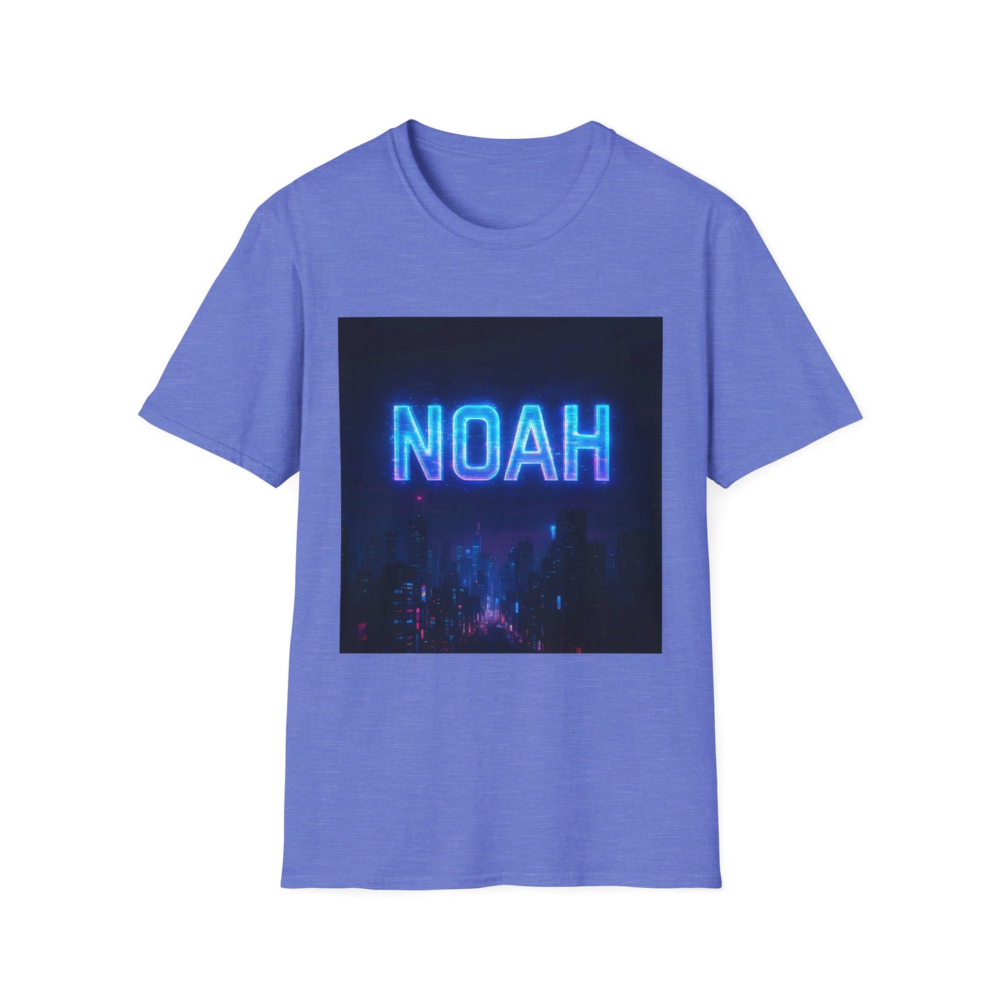 Purple-blue t-shirt featuring a square graphic of neon blue "NOAH" above a dark city skyline.