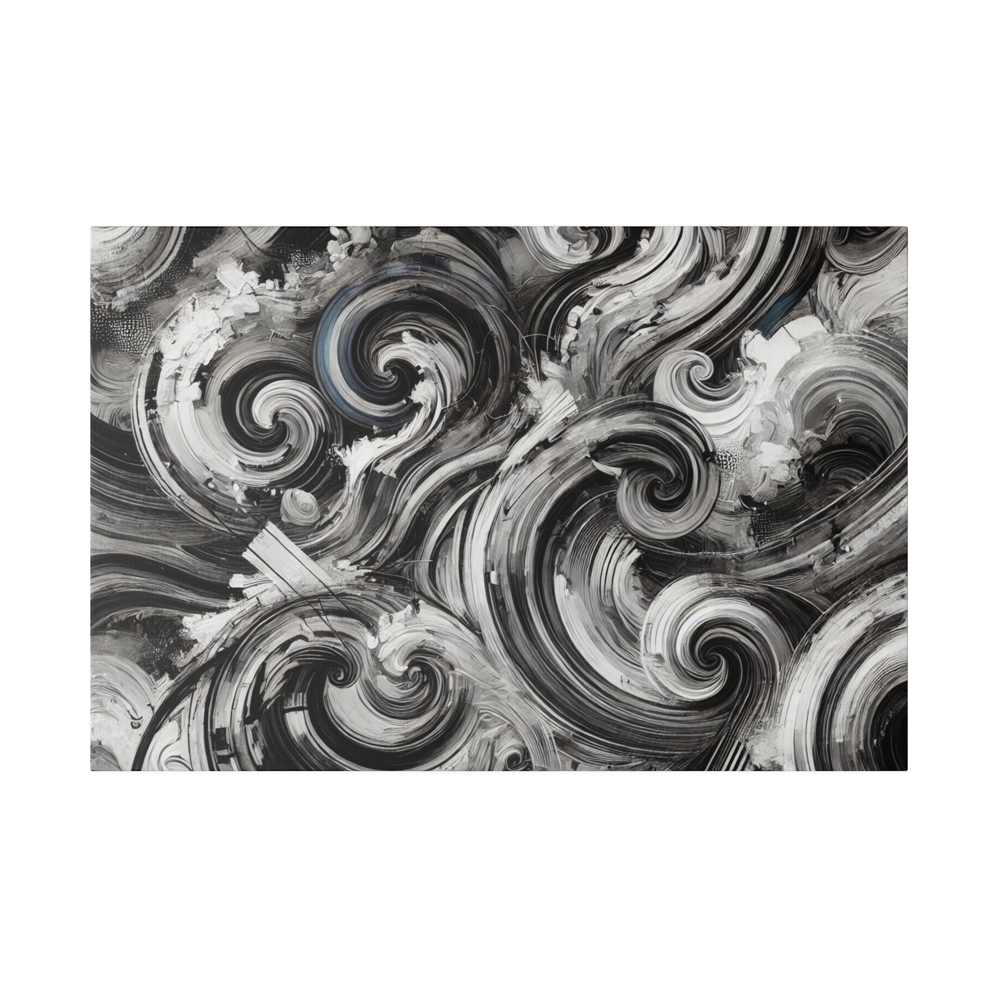 Abstract black, white, and gray swirled painting on canvas with bold circular brushstrokes.