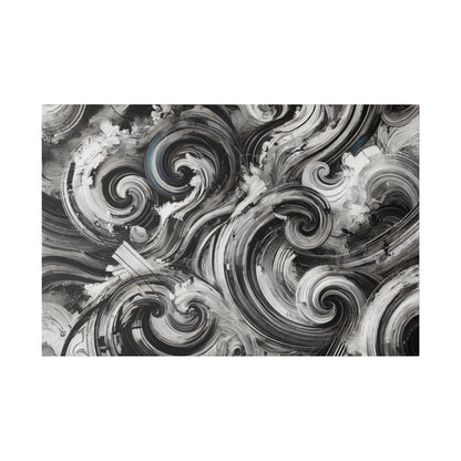 Abstract black, white, and gray swirled painting on canvas with bold circular brushstrokes.