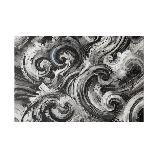 Abstract black, white, and gray swirled painting on canvas with bold circular brushstrokes.