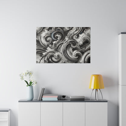 Black and white abstract swirling painting on a light gray wall above a cabinet with a yellow lamp and a vase of white flowers.