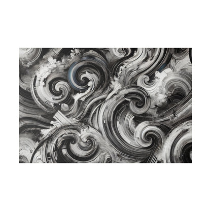 Black and white abstract painting with swirling brush strokes and circular patterns on a rectangular canvas.