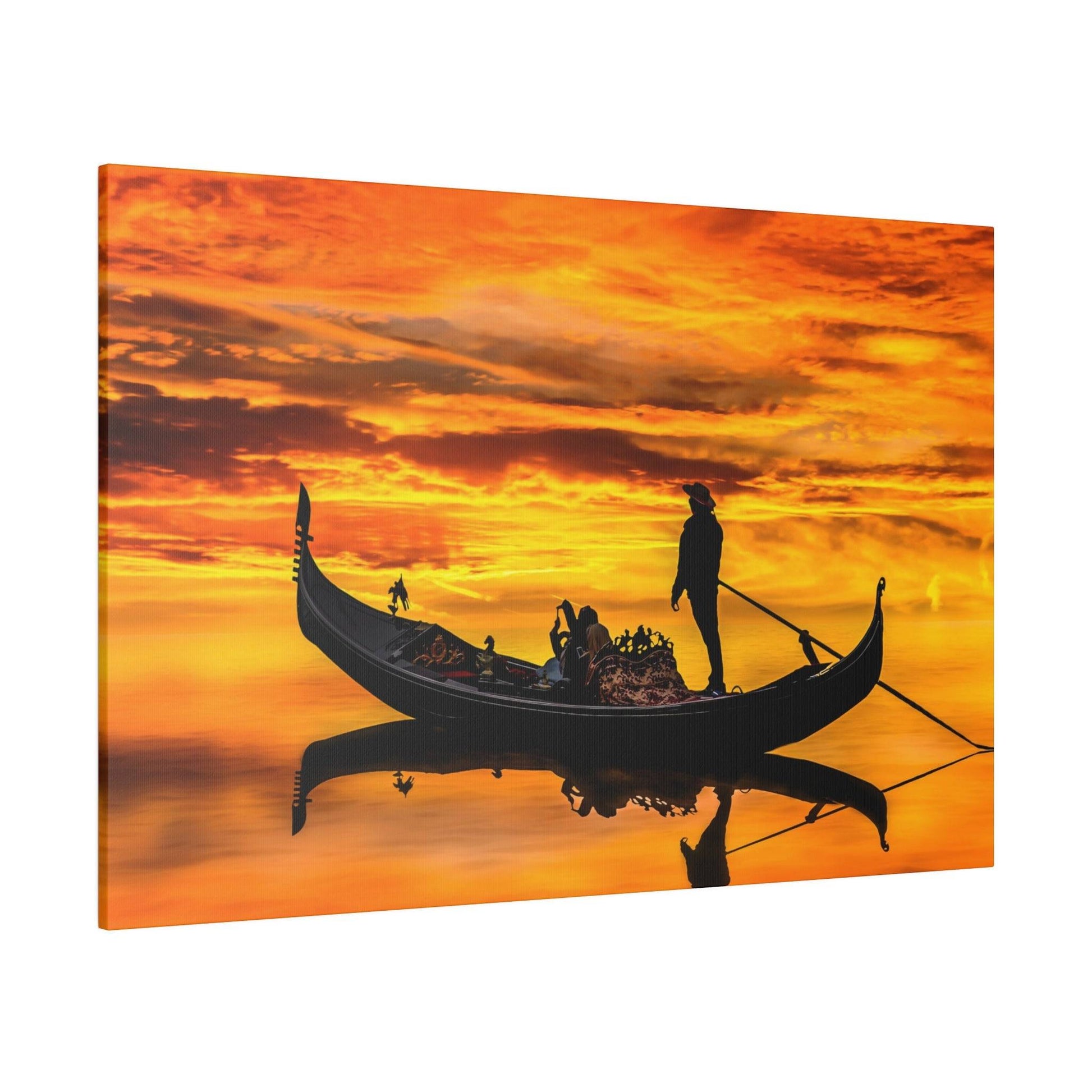 Silhouetted gondola with passengers and a gondolier on orange sunset water, reflecting below.