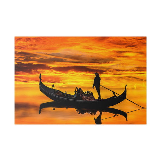 Silhouette of a black gondola with passengers and a gondolier rowing at sunset, reflecting on calm orange water.