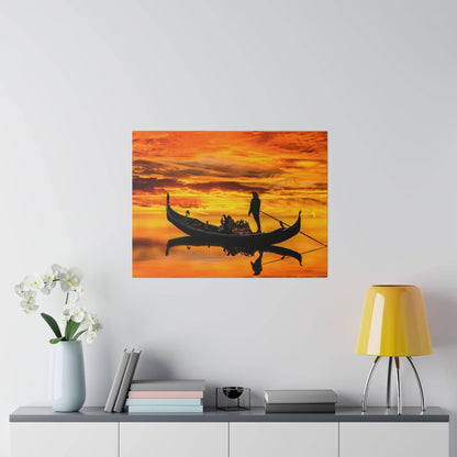 Square canvas print of a gondola with passengers silhouetted against an orange sunset reflected on the water.