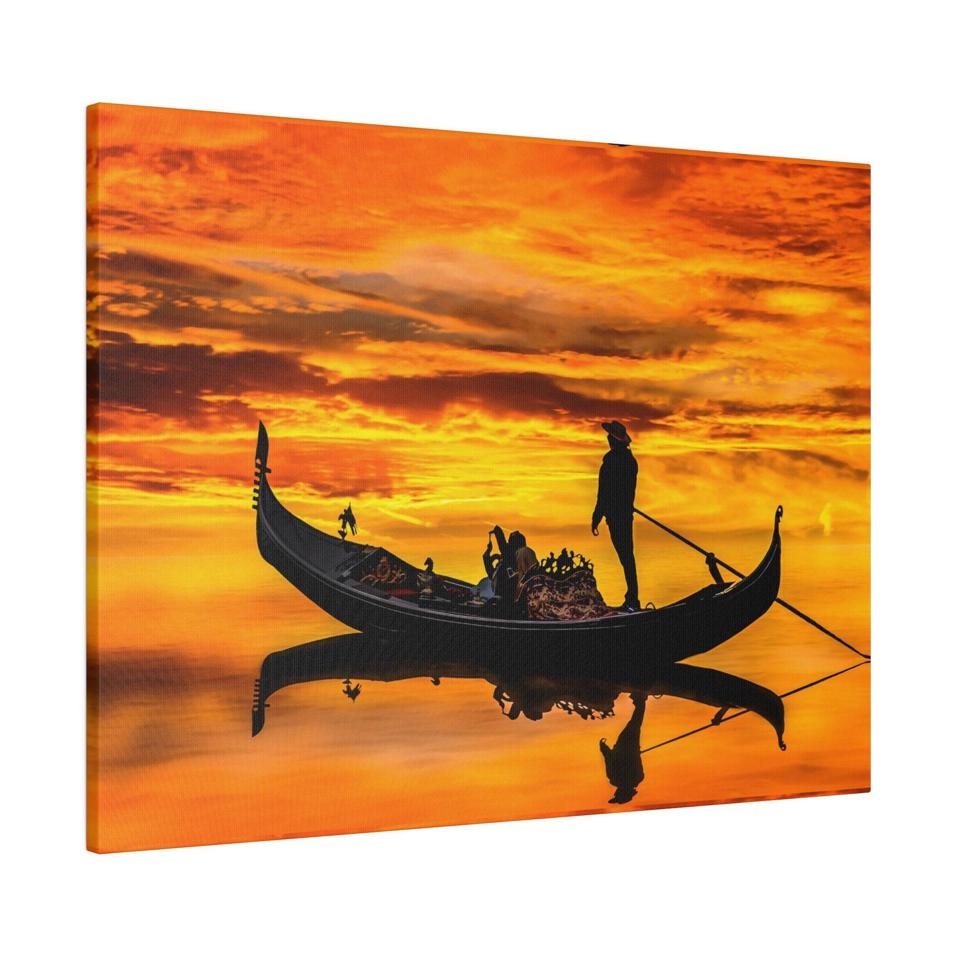 Silhouetted gondola with passengers and a gondolier on calm orange sunset water.