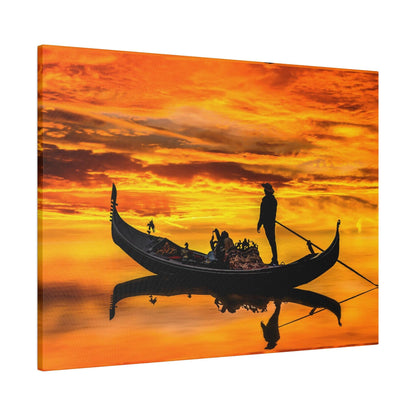 Silhouetted gondola with passengers and a gondolier on calm orange sunset water.