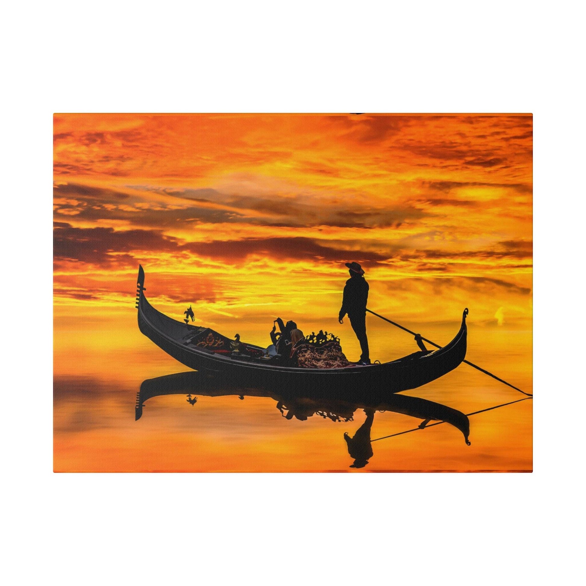 Silhouette of a gondola with passengers and a guide against an orange sunset, reflected in calm water.