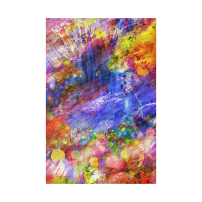 Abstract multicolored painting with blue center and pink, purple, yellow, and orange splashes on a canvas.