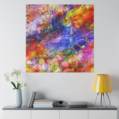 Abstract colorful acrylic painting with red, blue, yellow and purple splashes hanging on a light gray wall above a sideboard.