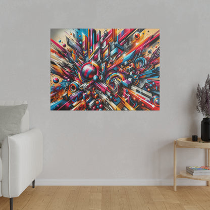 Colorful abstract geometric canvas print mounted on a light gray wall in a modern living room.