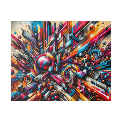 Abstract geometric graffiti artwork with bright blues, pinks, yellows, and angular shapes plus circular accents.