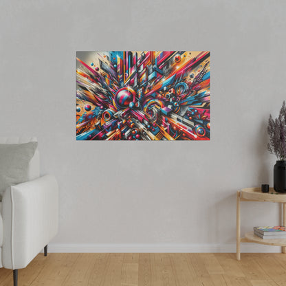 Abstract, multicolored geometric painting hanging on a light gray wall above a wooden floor.